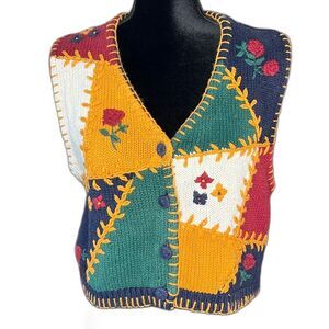 Vintage Copper Key | Color Block Floral Button Down Vest | Cotton Ramie | Size S